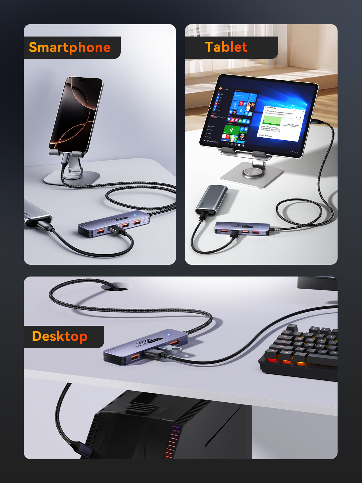 QUUGE 4 in 1 USB 3.2 Hub with 4 USB-A 3.2 Ports, Aluminum USB 3.2 Splitter