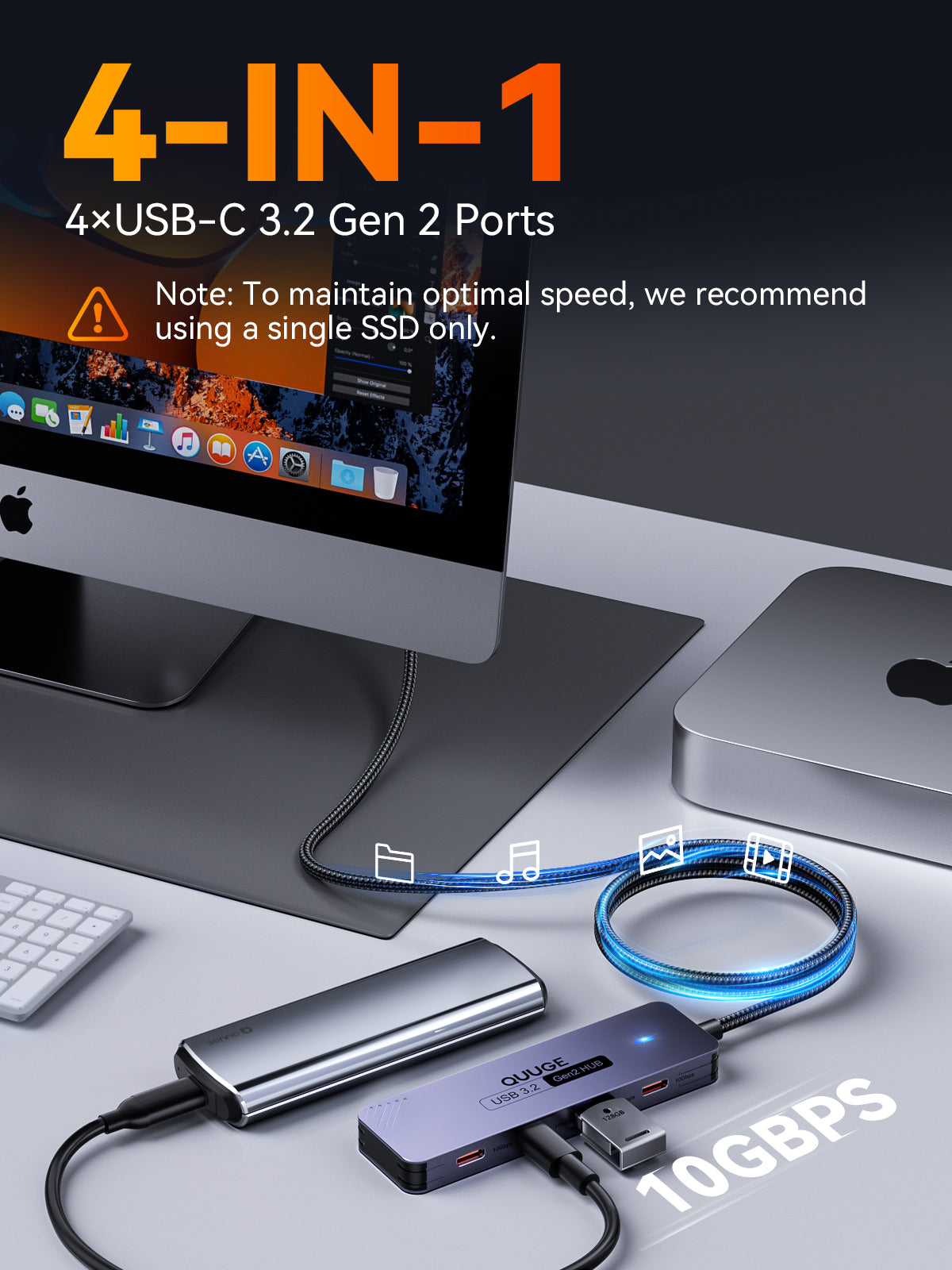 QUUGE 4 in 1 USB 3.2 Hub with 4 USB-C 3.2 Ports, Aluminum USB 3.2 Splitter