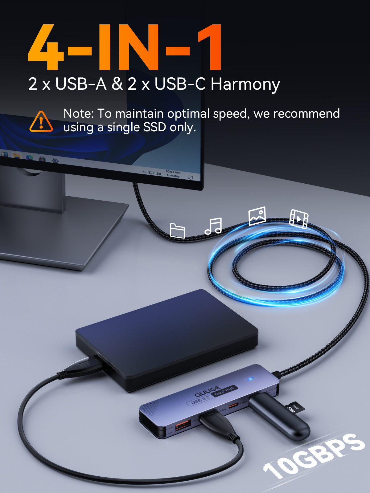 QUUGE 4 in 1 USB 3.2 Hub with 2 USB-A & 2 USB-C 3.2 Ports, Aluminum USB 3.2 Splitter