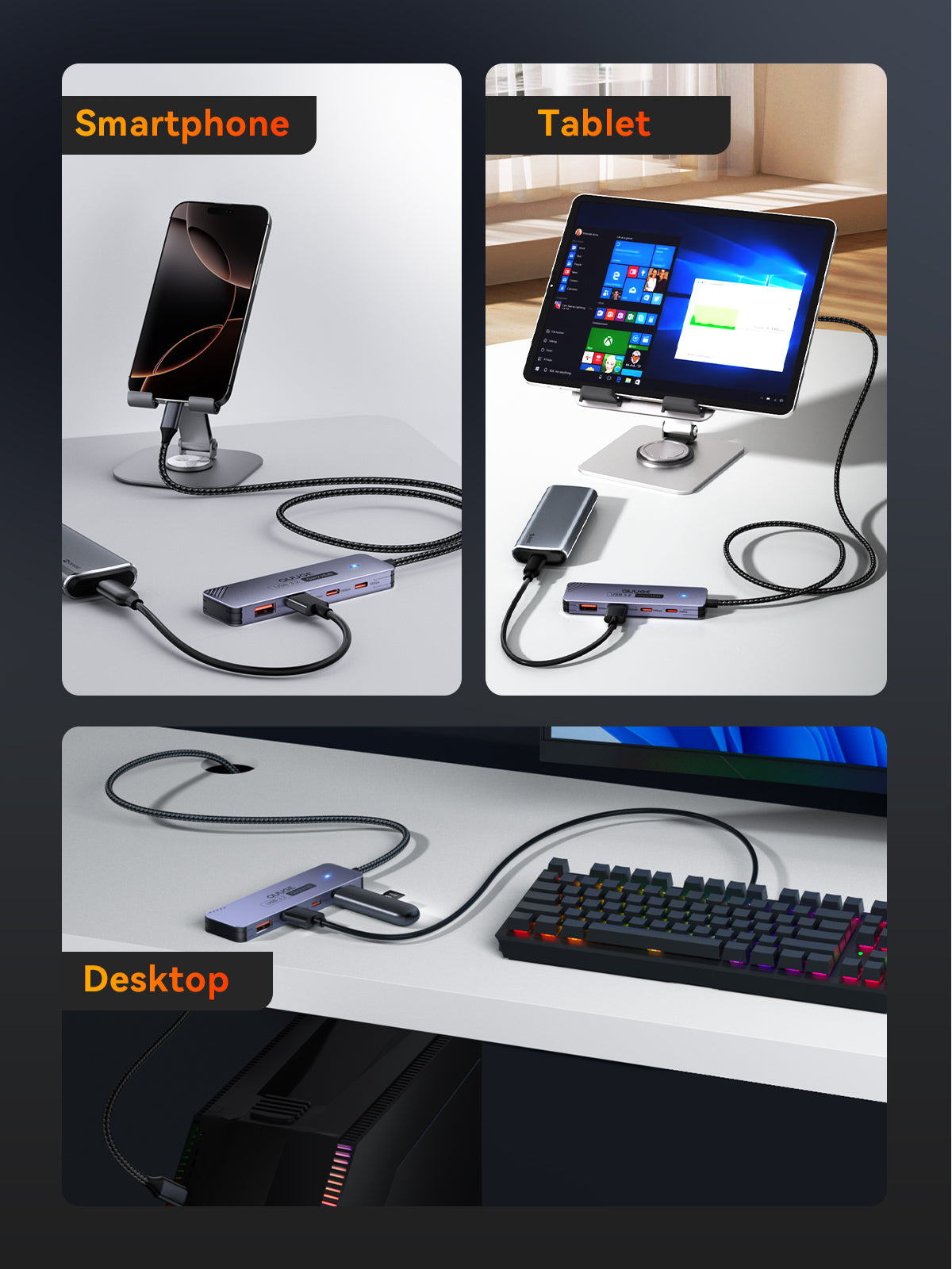 QUUGE 4 in 1 USB 3.2 Hub with 2 USB-A & 2 USB-C 3.2 Ports, Aluminum USB 3.2 Splitter