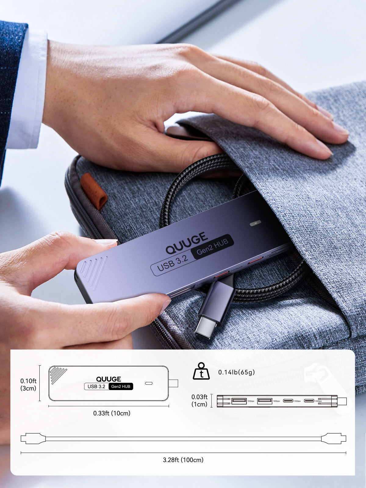 QUUGE 4 in 1 USB 3.2 Hub with 2 USB-A & 2 USB-C 3.2 Ports, Aluminum USB 3.2 Splitter