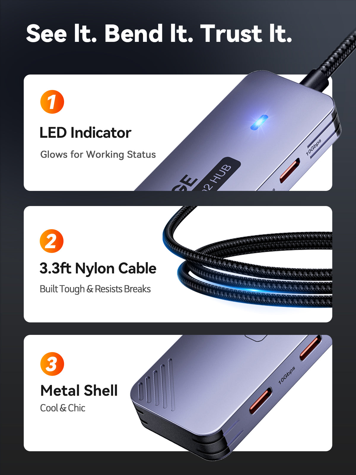 QUUGE 4 in 1 USB 3.2 Hub with 4 USB-C 3.2 Ports, Aluminum USB 3.2 Splitter