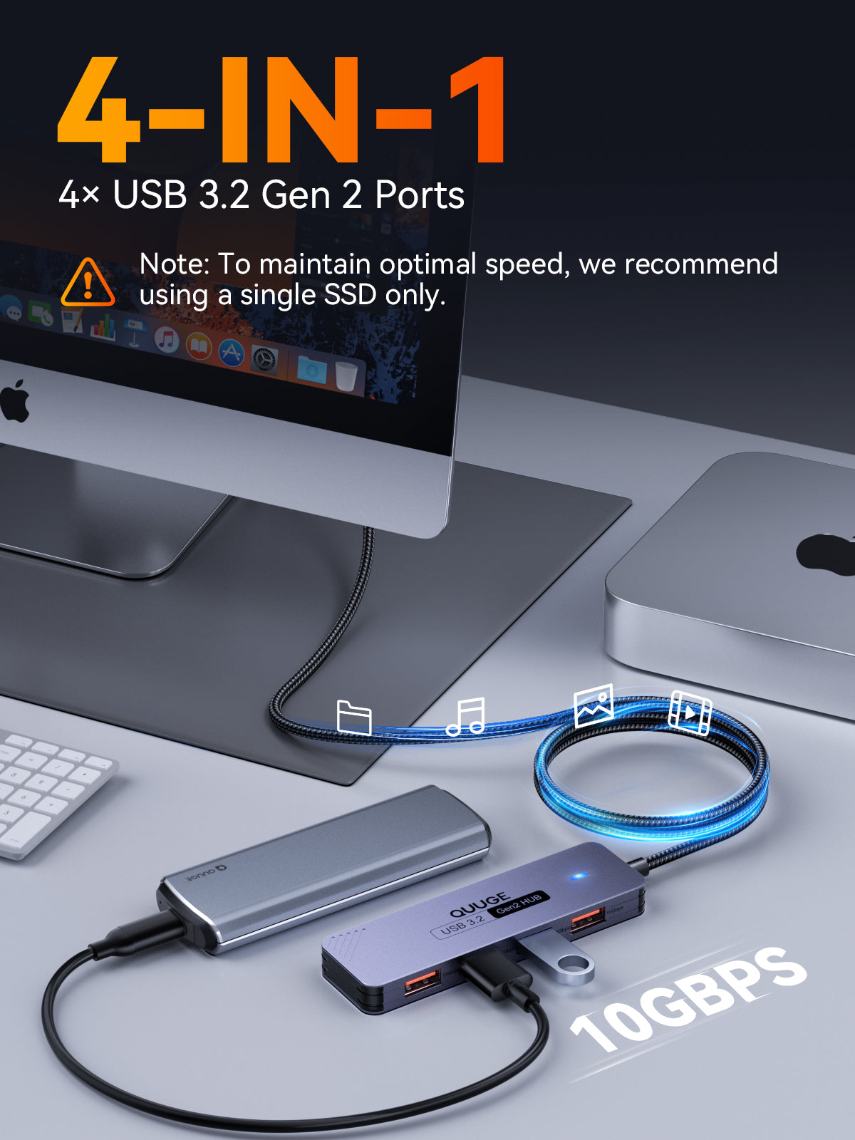 QUUGE 4 in 1 USB 3.2 Hub with 4 USB-A 3.2 Ports, Aluminum USB 3.2 Splitter