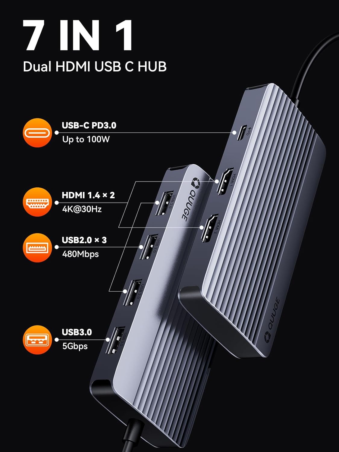 QUUGE USB C Docking Station with Dual 4K HDMI，PD Charging 100W, USB 3.0 5Gbps, 3 USB 2.0, USB C Hub for MacBook Air/Pro, Dell, XPS, Lenovo, Surface