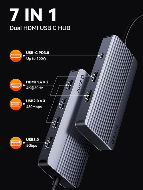QUUGE USB C Docking Station with Dual 4K HDMI，PD Charging 100W, USB 3.0 5Gbps, 3 USB 2.0, USB C Hub for MacBook Air/Pro, Dell, XPS, Lenovo, Surface