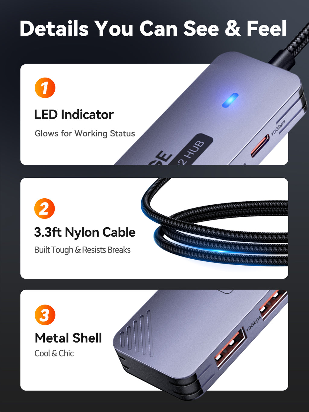 QUUGE 4 in 1 USB 3.2 Hub with 2 USB-A & 2 USB-C 3.2 Ports, Aluminum USB 3.2 Splitter