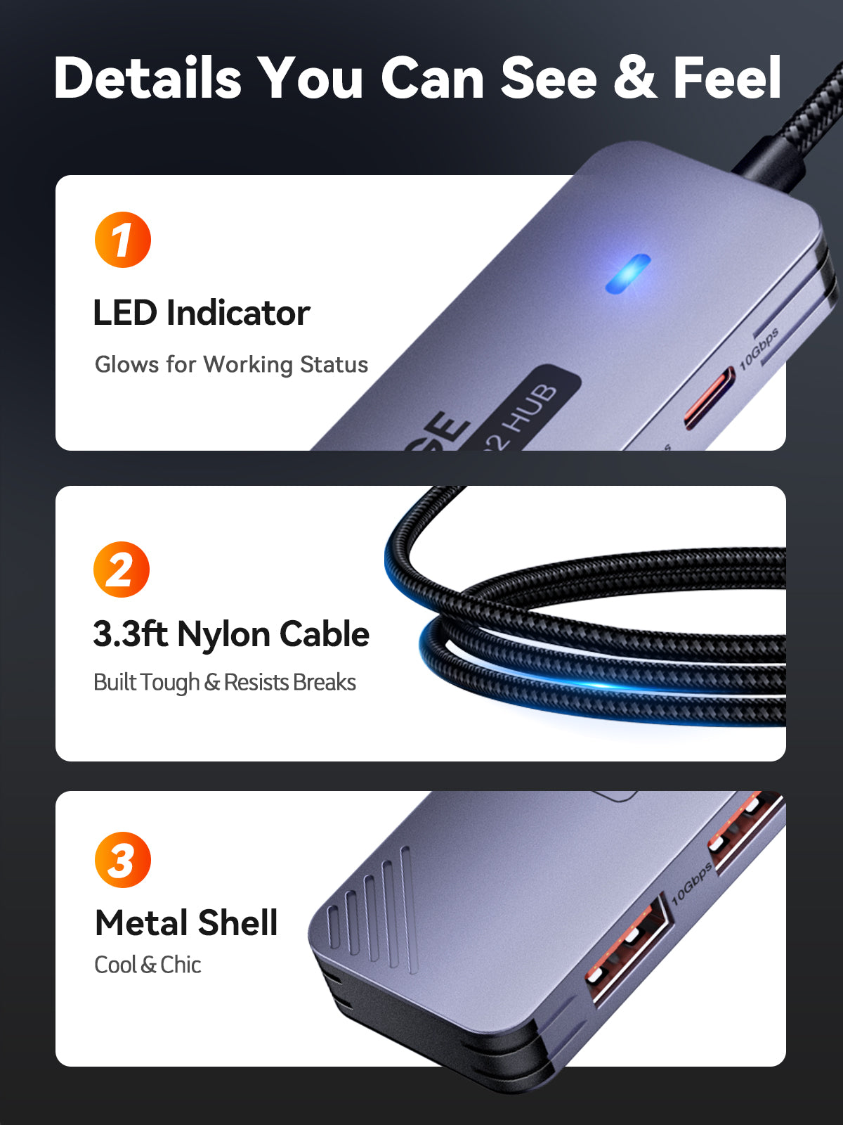 QUUGE 4 in 1 USB 3.2 Hub with 2 USB-A & 2 USB-C 3.2 Ports, Aluminum USB 3.2 Splitter