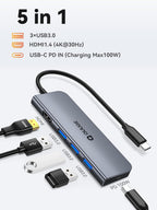 QUUGE USB-C Hub 5-in-1 HDMI Adapter 4K@30Hz 100W PD for MacBook