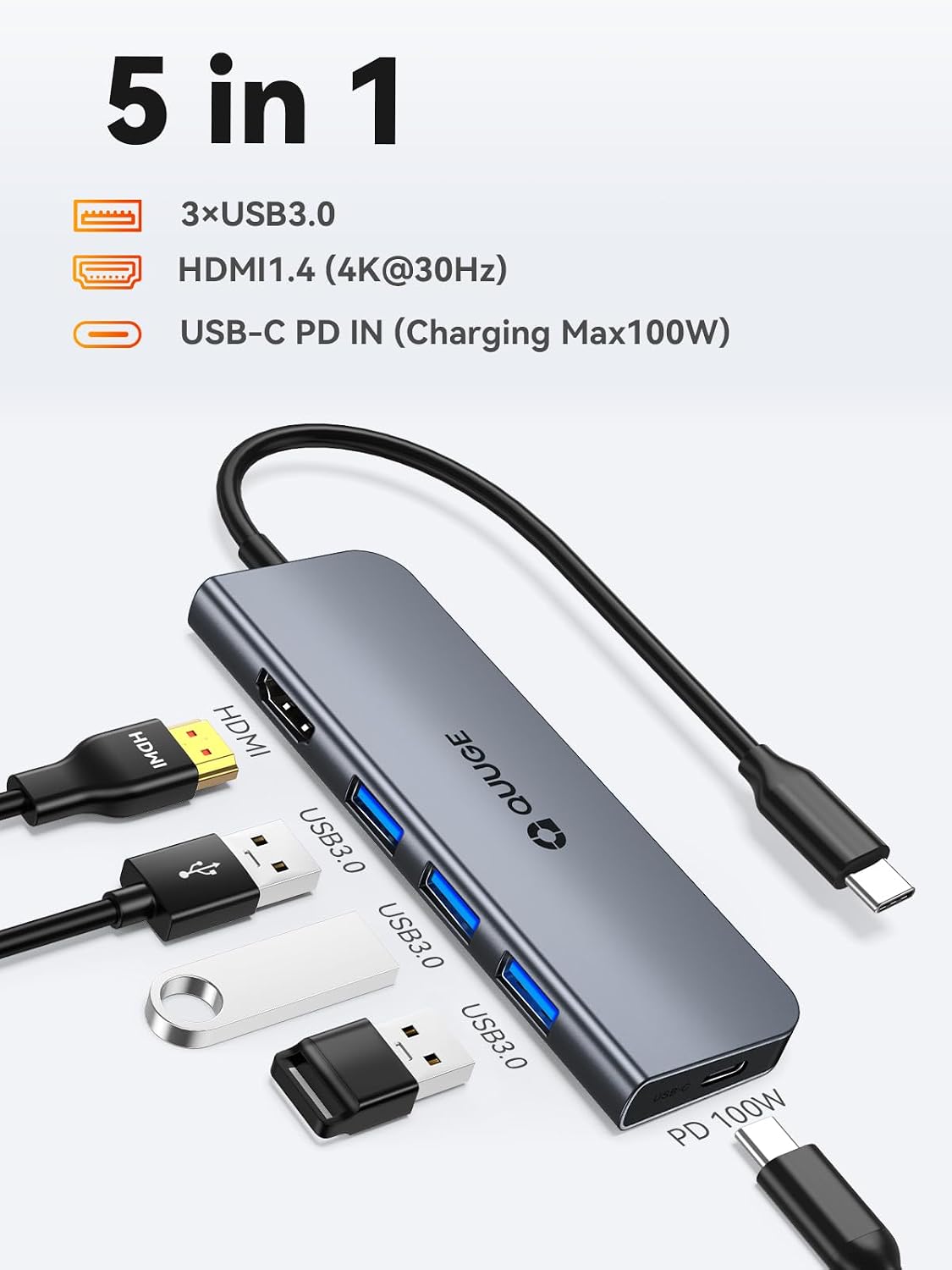 QUUGE USB-C Hub 5-in-1 HDMI Adapter 4K@30Hz 100W PD for MacBook